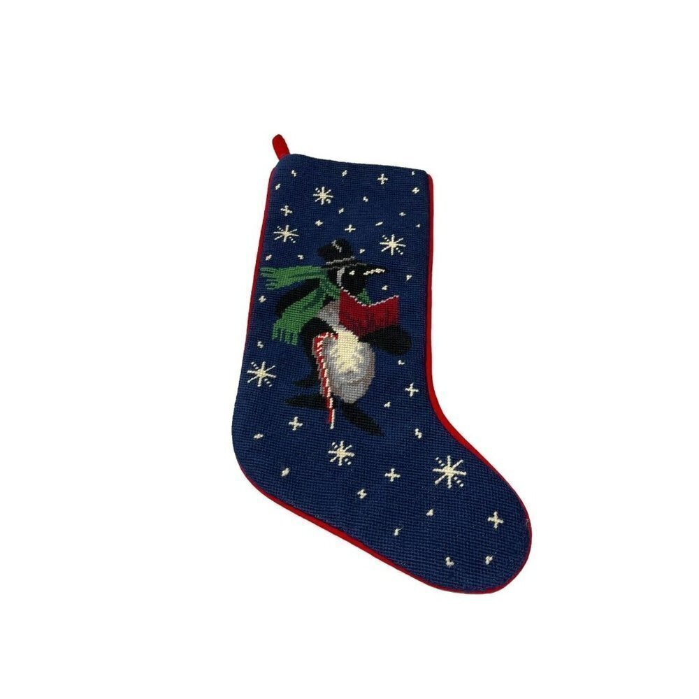 Wool Penguin in Top Hat Candy Cane Christmas Stocking Blue Red Snowflakes